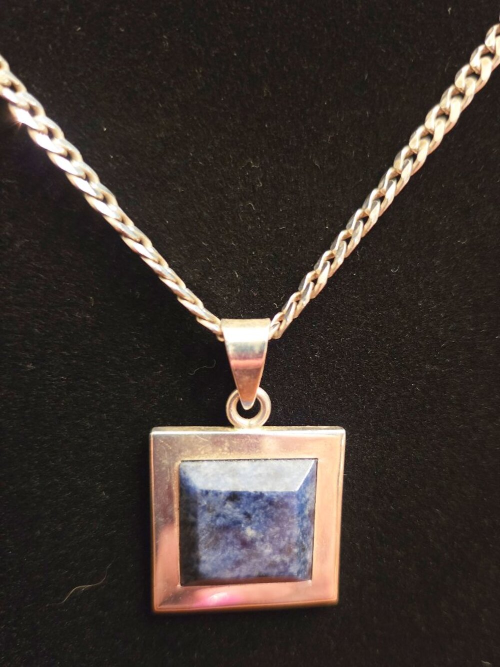 Vintage Taxco Mexican Sterling Lapis Lazuli Pendant on 925 Italian Cuban Chain